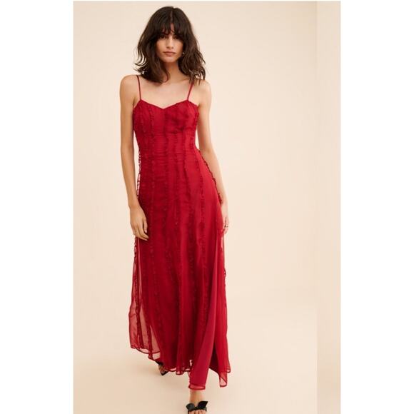NWT MESHKI Maxi Slip Dress Very High Slit Size XS Red Ruffles Cocktail Holiday - Picture 1 of 12